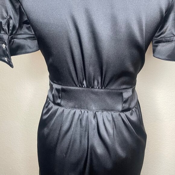 Guess Vintage Black Satin Empire Waist Mini Dress Puffed Sleeves Keyhole Neck 5 - Picture 6 of 13